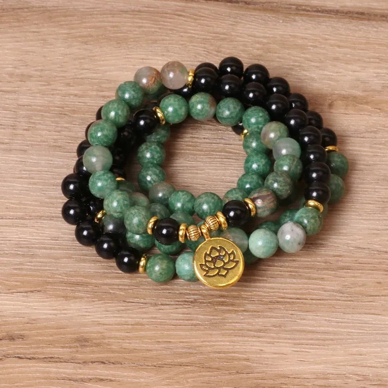 Green and black elastic beaded bracelet made from alloy material with natural styling