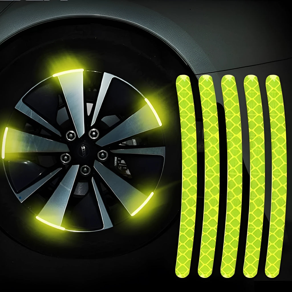 20-piece wheel hub reflective stickers in multiple colours including fluorescent, rainbow, and luminous options