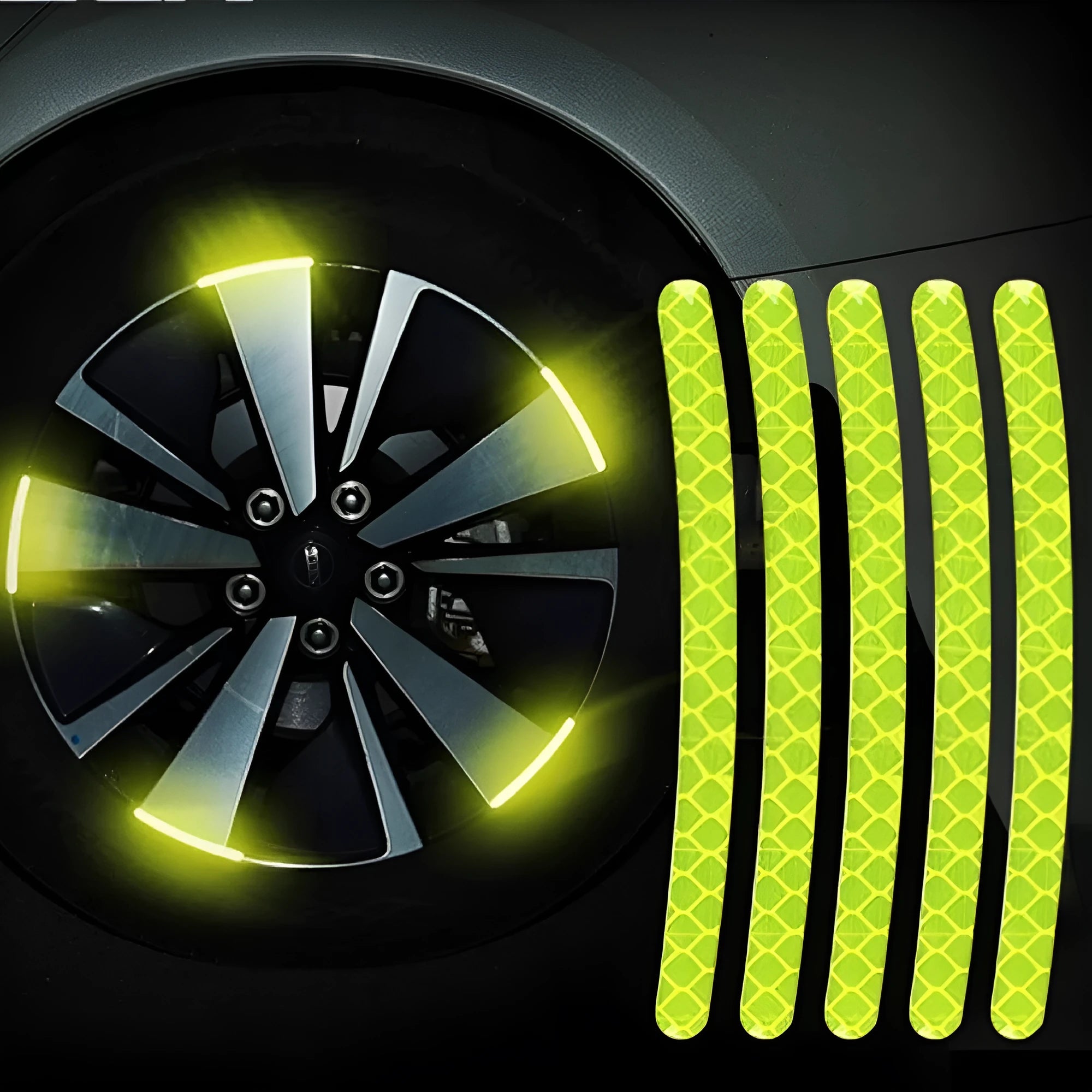 20-piece wheel hub reflective stickers in multiple colours including fluorescent, rainbow, and luminous options