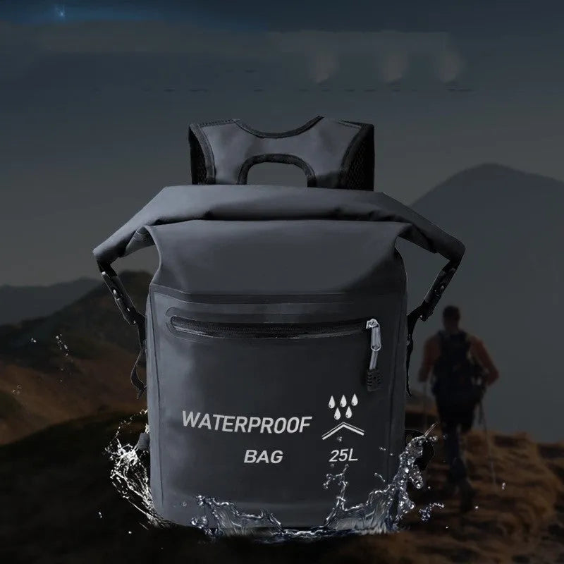 Black 25-litre waterproof outdoor backpack with mesh clips for rafting and swimming.