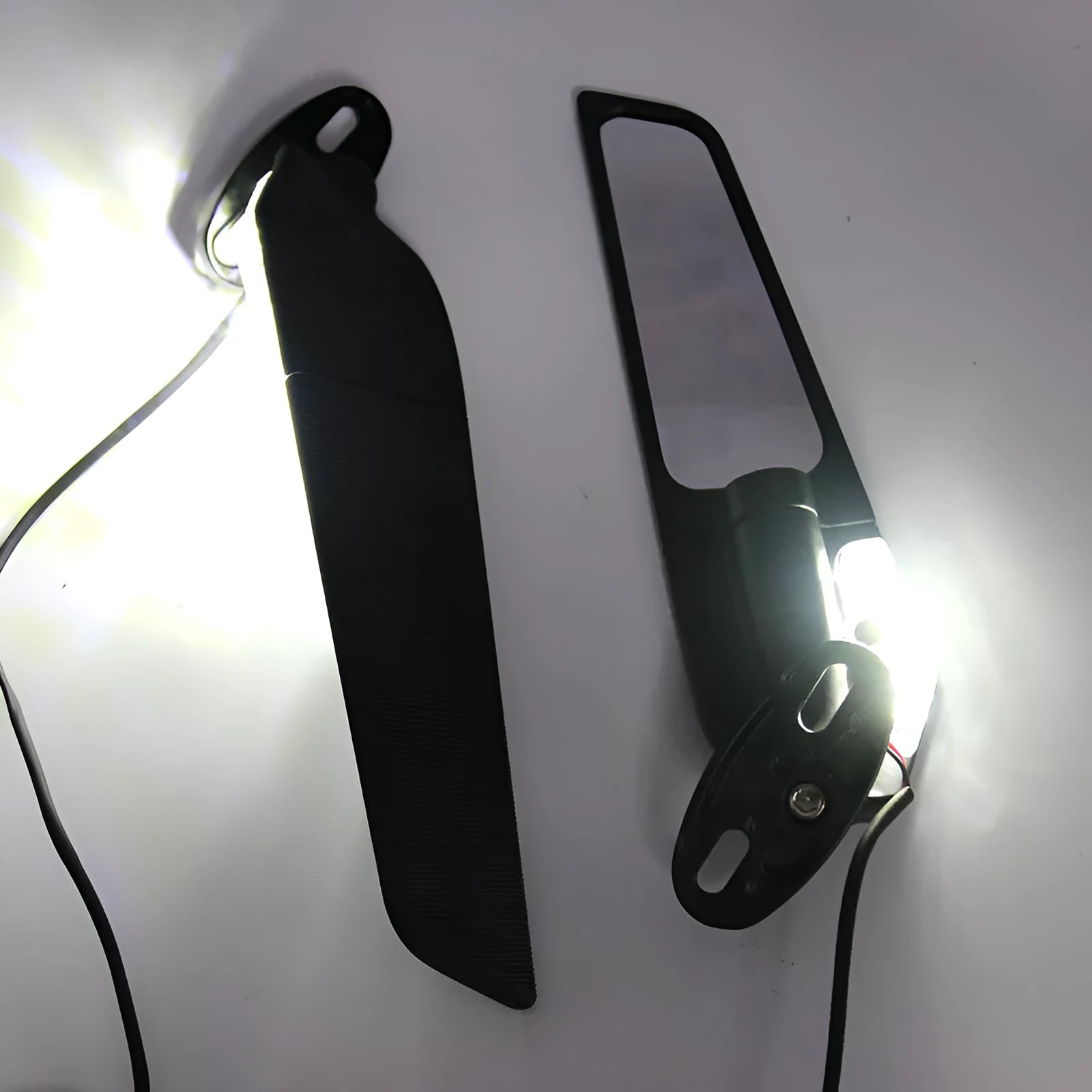 Pair of yellow aluminium motorcycle spoiler rearview mirrors with convex glass lenses and integrated side lights.