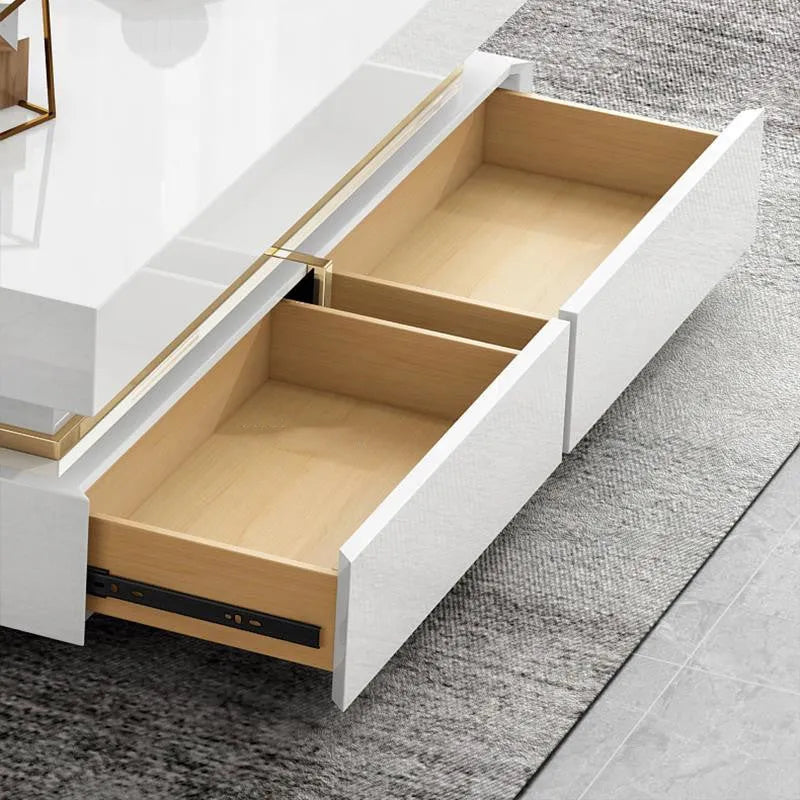 Modern minimalist tempered glass TV cabinet and coffee table set with baking paint finish in a living room