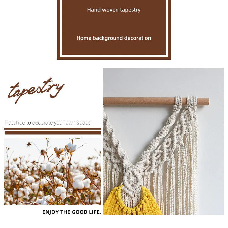 Hand-woven creamy white and yellow cotton Nordic tapestry rectangle 120cm by 95cm