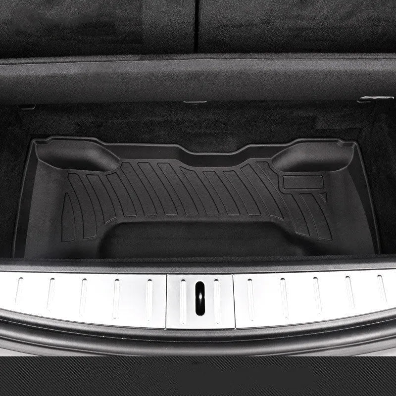 Rubber floor mats with TPE footrest designed for Tesla Model 3, Model Y, Model X, and Model S cars