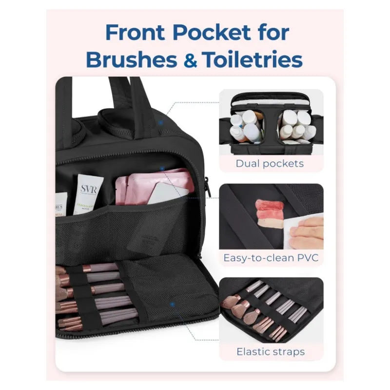 Large capacity travel toiletry bag with wide opening in five colour options