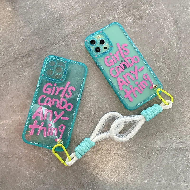 Graffiti design iPhone case with detachable lanyard in mint green colour with painted animal artwork