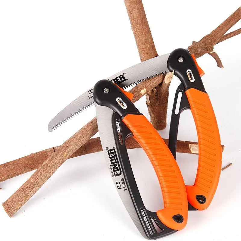 Garden folding saw with 9-inch 65MN steel blade and TPR grip shown in open position
