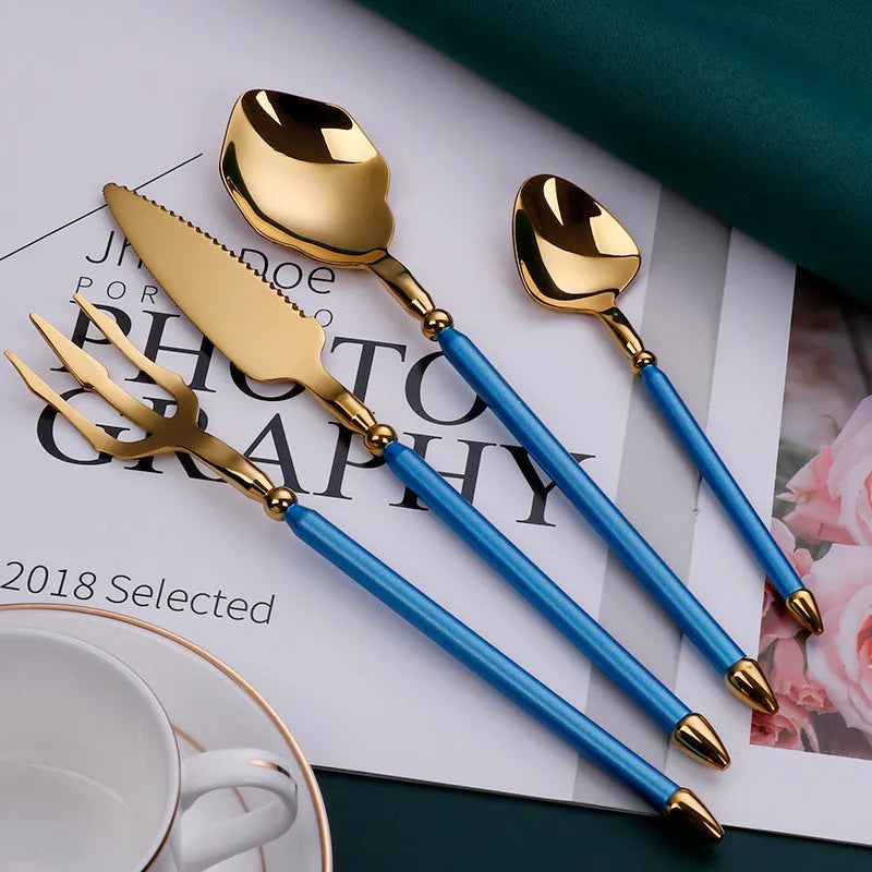 Stainless steel 4-piece cutlery set with knife fork and two spoons in a solid colour finish