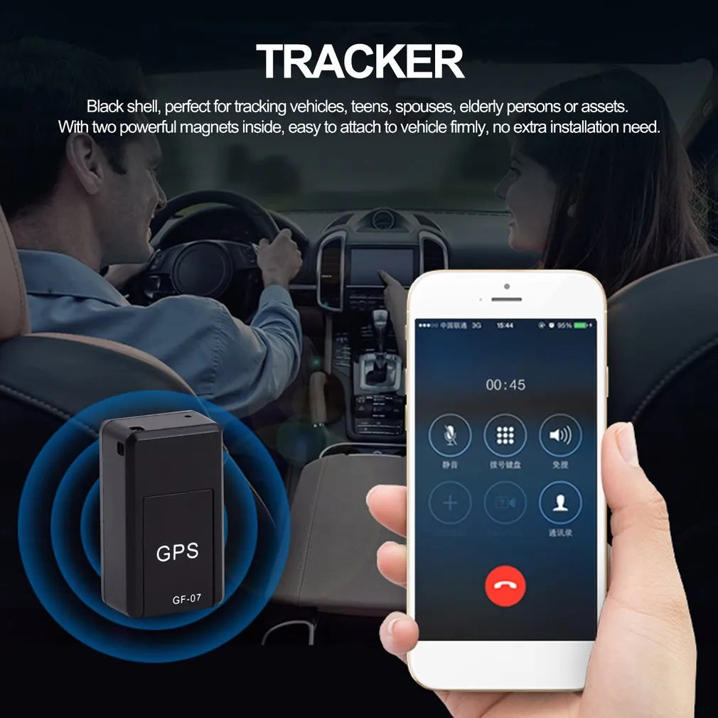 Black magnetic mini GPS tracker device with compact 35mm dimensions for vehicle tracking