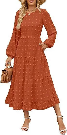 Beige casual long sleeve dress with ruffled sleeves, high waist, and round neck