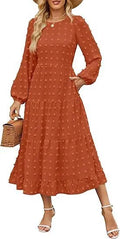 Beige casual long sleeve dress with ruffled sleeves, high waist, and round neck