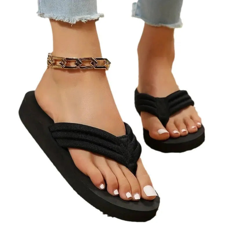 Women's black non-slip flat slippers with EVA sole and cotton cloth upper