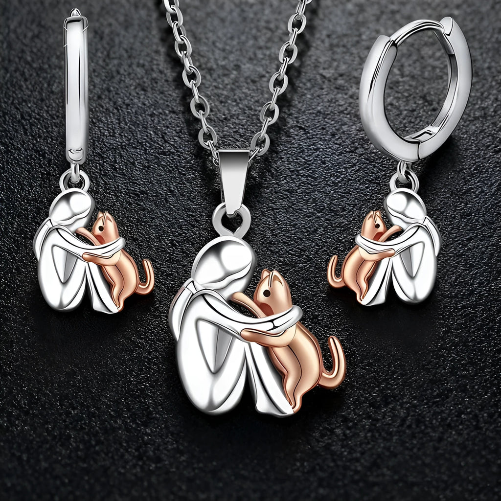 Little girl and dog hugging alloy earring set with O-ring chain necklace in colour option