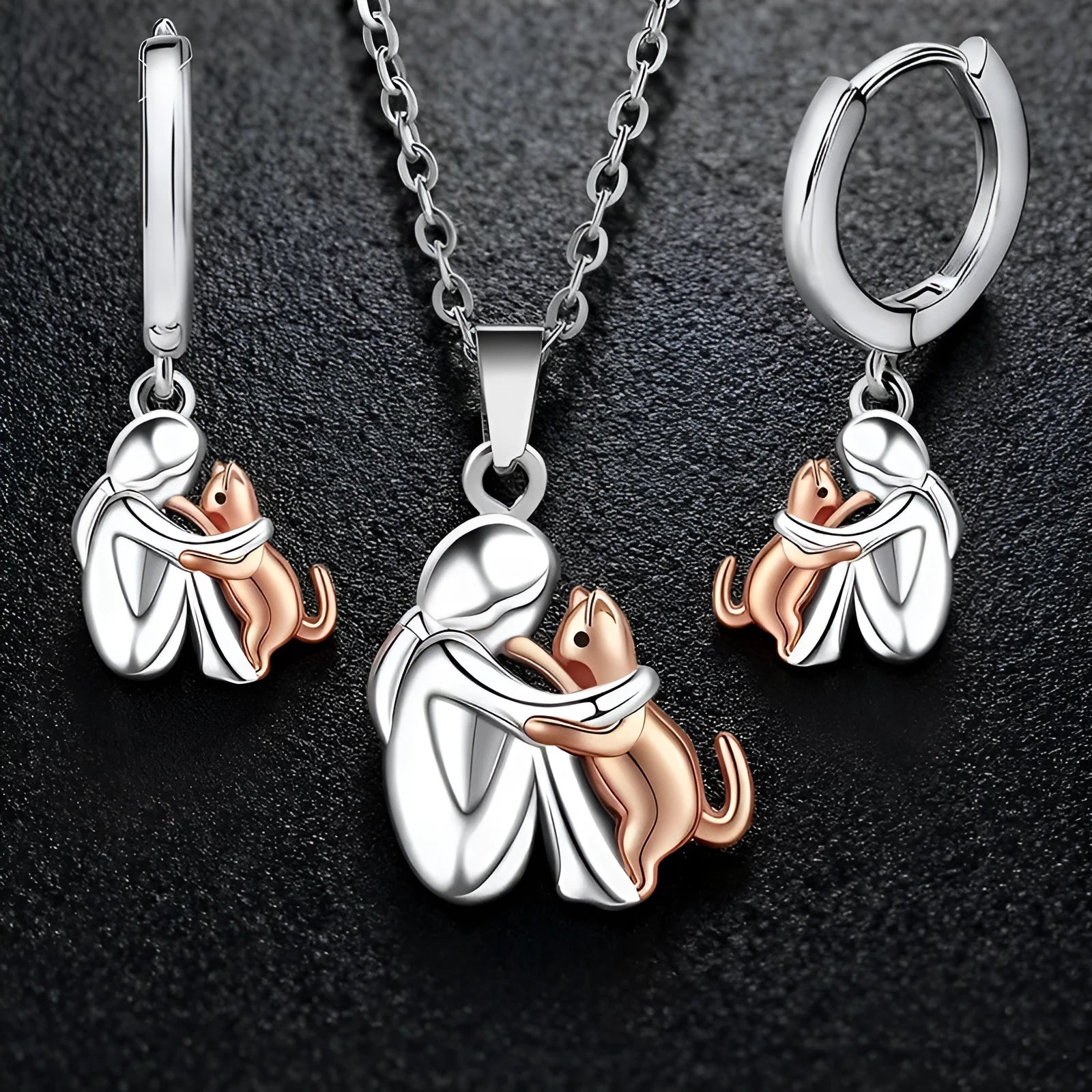 Little girl and dog hugging alloy earring set with O-ring chain necklace in colour option
