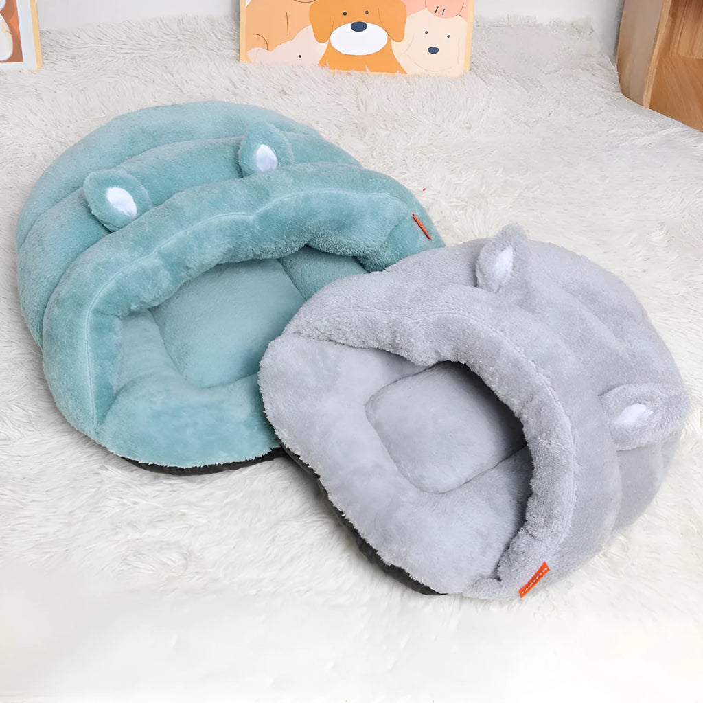 Soft plush pet cave bed in beige with cushion for small dogs and kittens