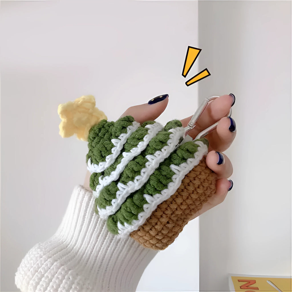 Green knitted Christmas tree flip-style headset case compatible with Apple AirPods models with hook