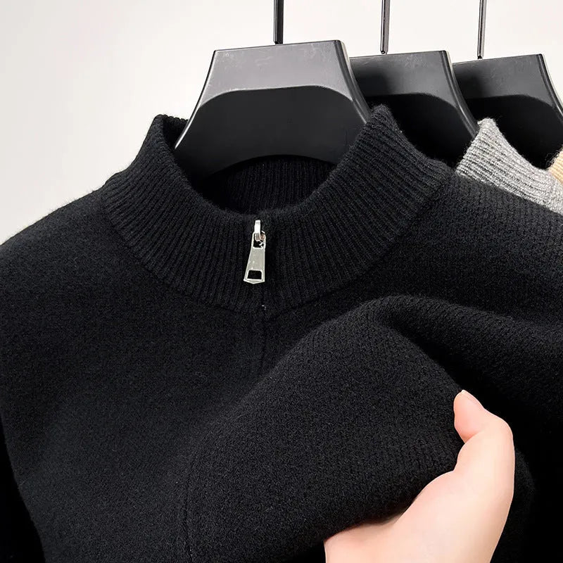 Men's grey knitted zip-up cardigan with high stand collar on hanger