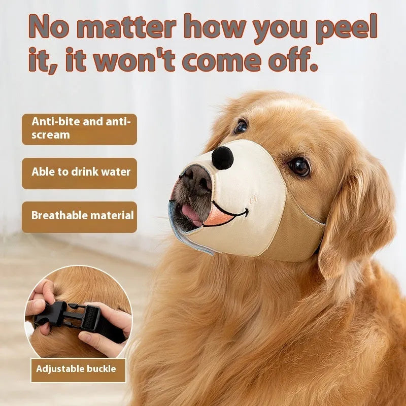 Canvas dog muzzle anti-bite mouth cover in Ollie Brown Bear and Bondi Blue Shark colours, shown in sizes S, M, L, XL.