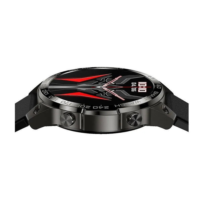 Round black smartwatch with silicone strap on wrist, showing AMOLED always-on display with fitness metrics.