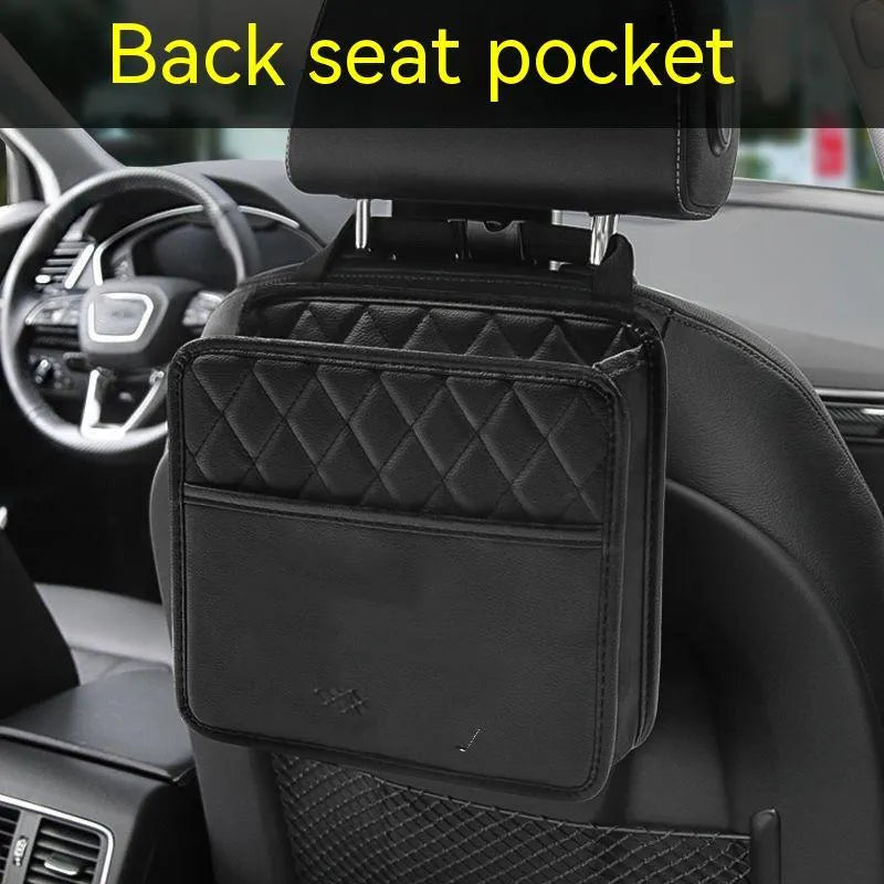 Hanging leather automotive storage bag organiser in 25x25cm dimensions