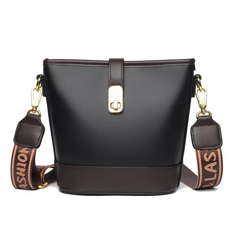 Korean style black bucket messenger bag with double shoulder straps and internal organisation pockets