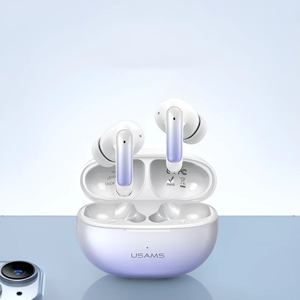 Wireless in-ear Bluetooth gaming headset in gradient blue colour showing compact design.