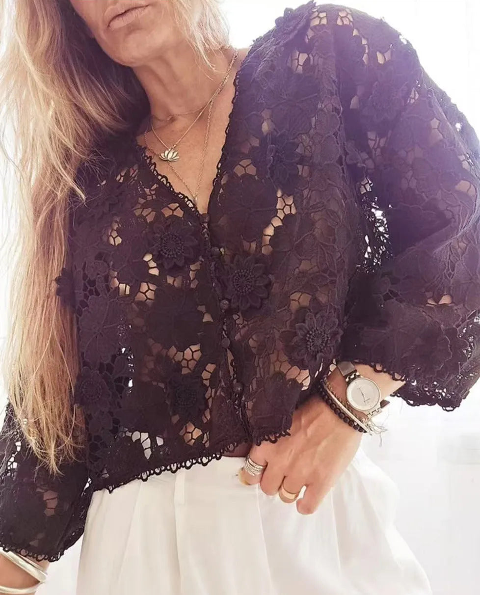 Women's loose black polyester lace cardigan with V-neck and 3D lace flower decoration.