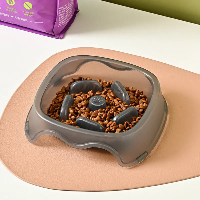 Blue plastic dog slow feeder bowl with interior ridges to control eating speed
