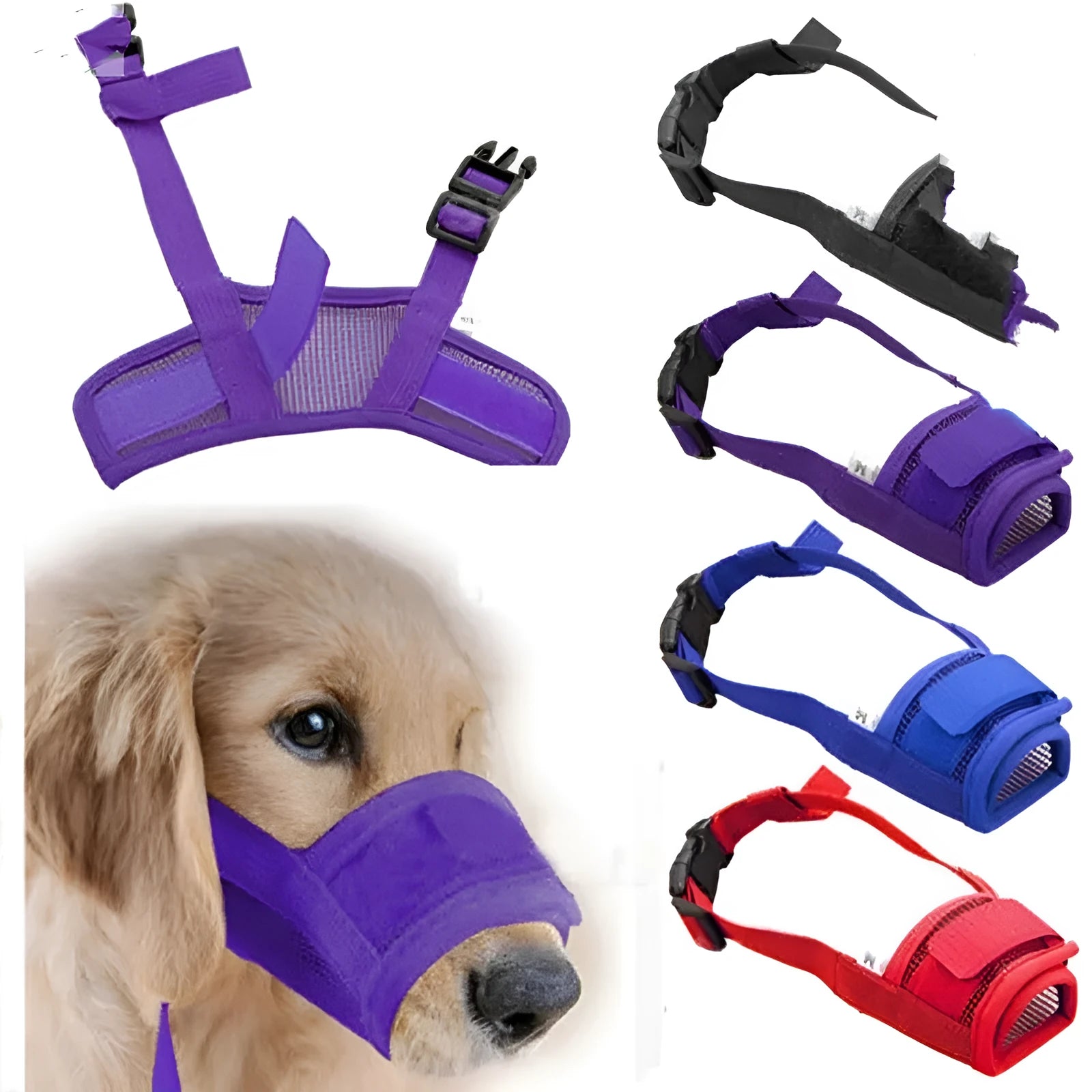 Adjustable plastic dog muzzle in multiple colours and sizes for biting and barking control.