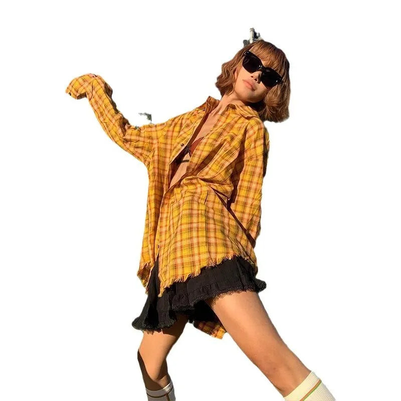 Dopamine yellow plaid shirt in loose fit design with cardigan style