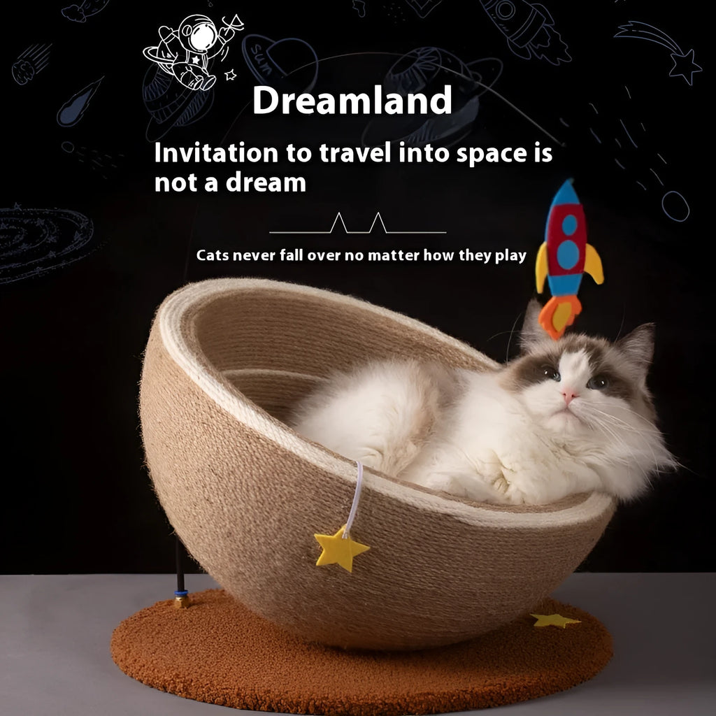 Large integrated cat scratching post and bed with sisal rope surface and flannel nest.