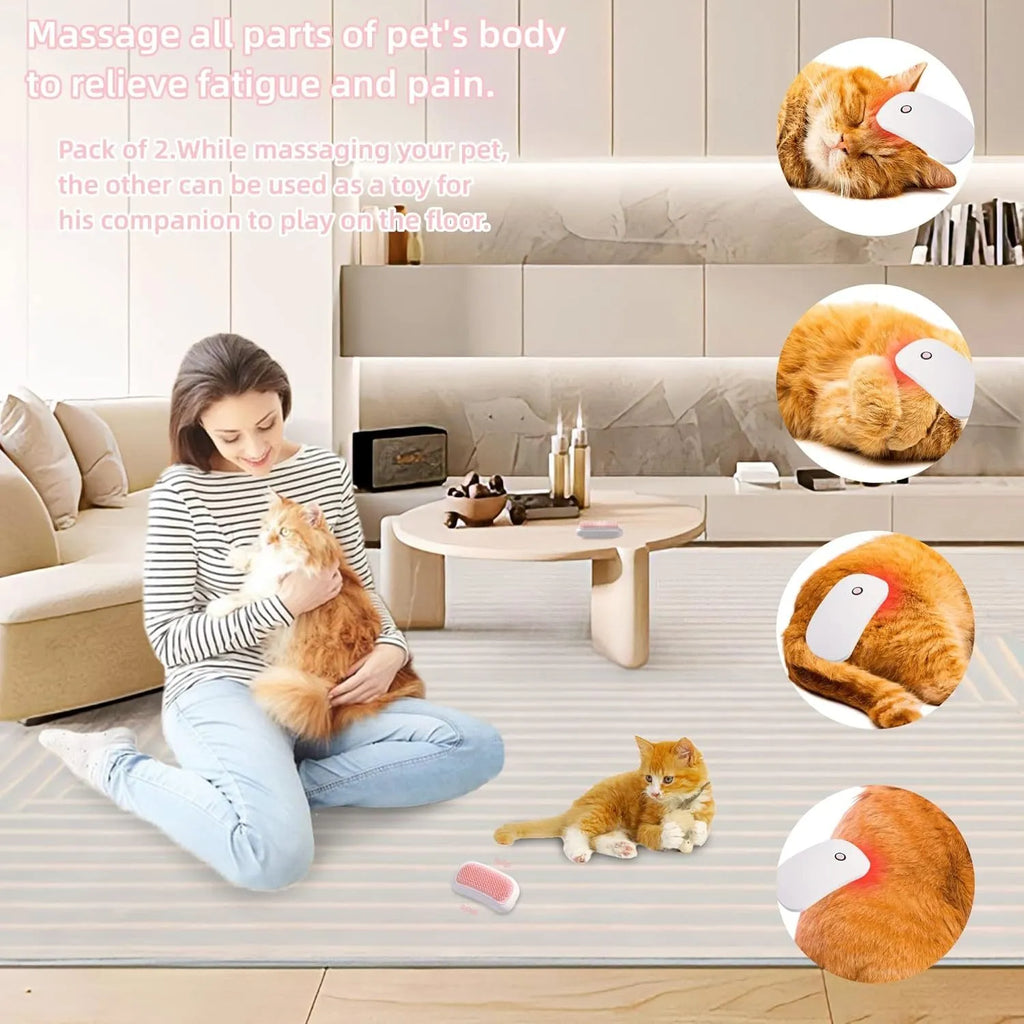 Light pink handheld electric pet massage brush with soft TPE teeth on a white background.