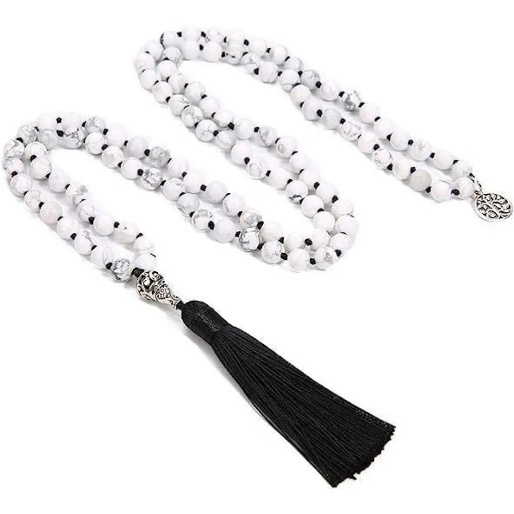 Handmade long beaded necklace with 108 natural stone pendants on a knotted cord.