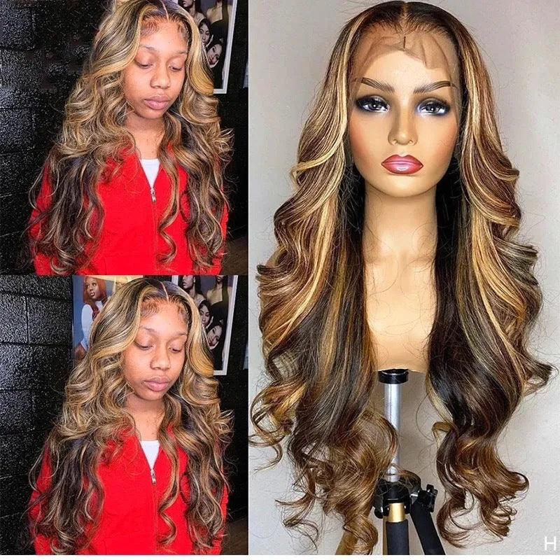 Front lace synthetic wig with 134 gradient colour long curly hair and side bangs
