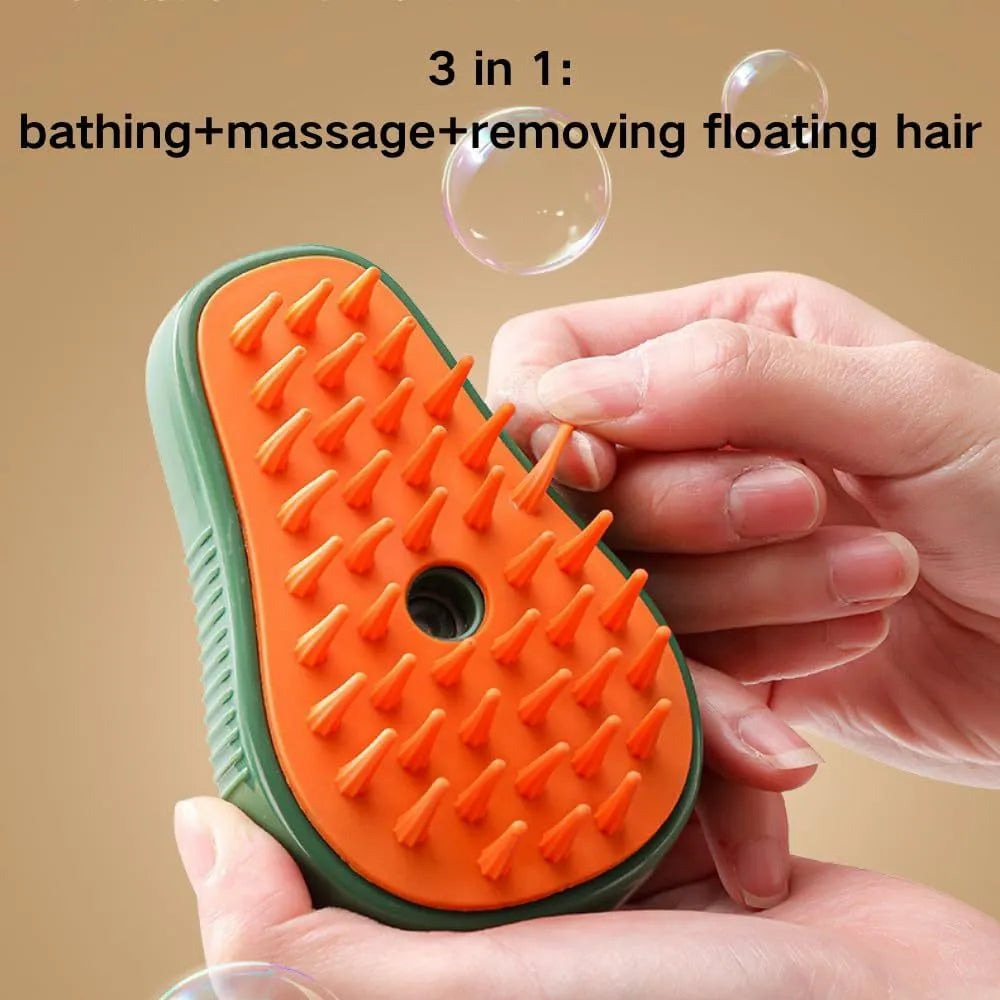 Green and white cat steam brush with water spray system and silicone teeth for pet grooming