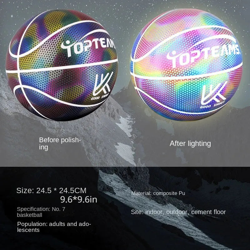 No. 7 basketball with holographic reflective surface and fluorescent colours on PU leather.