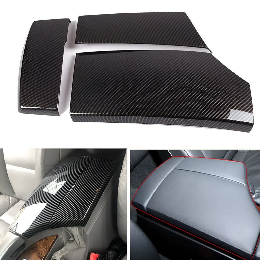 Three black ABS armrest box protective covers with carbon fibre pattern for car centre console