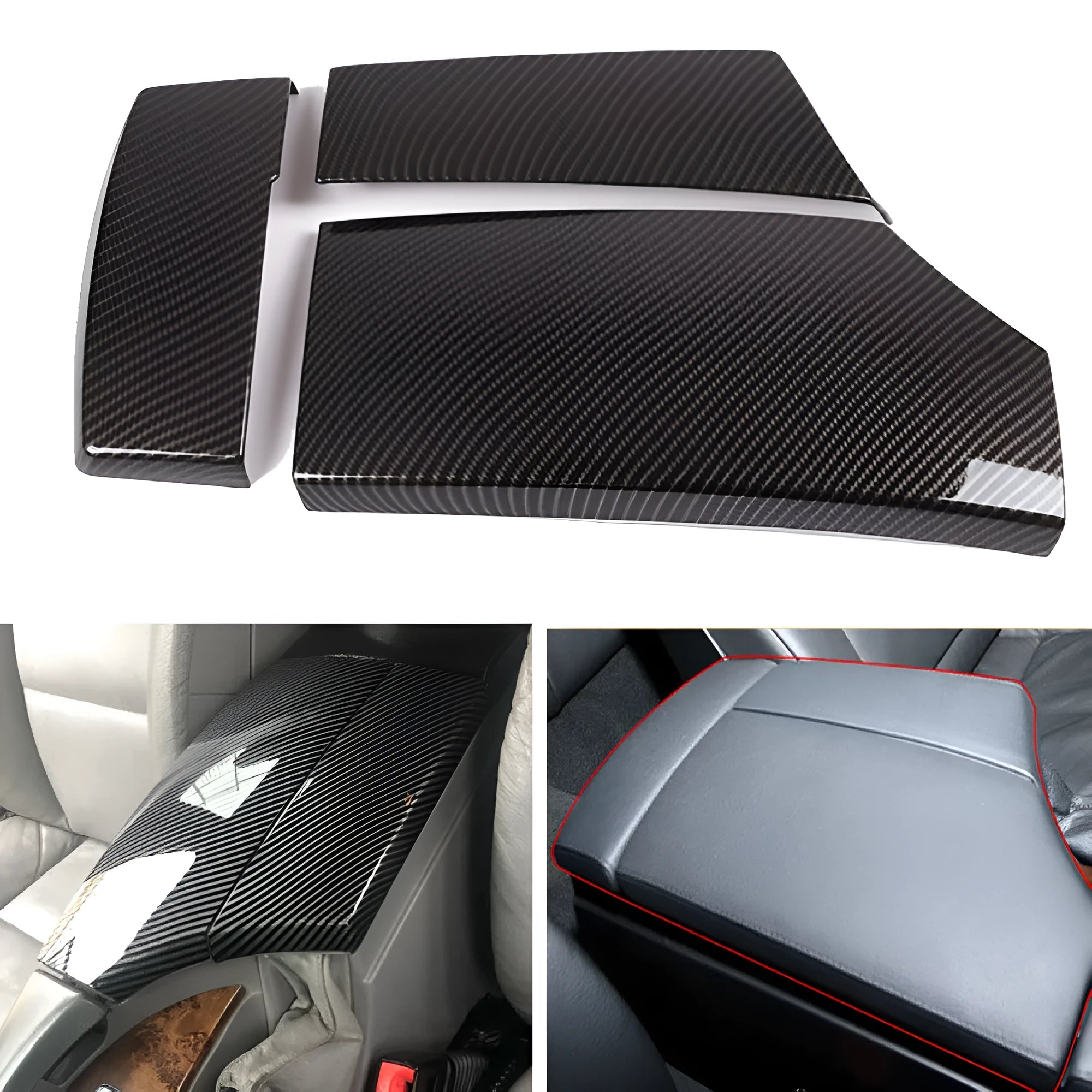 Three black ABS armrest box protective covers with carbon fibre pattern for car centre console