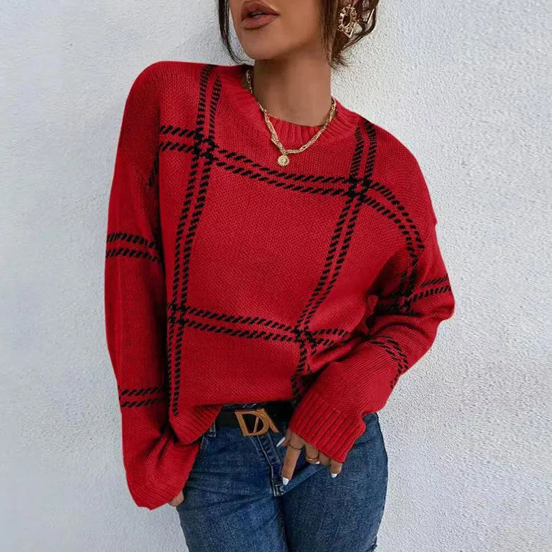 Women's loose-fit plaid colour-block acrylic sweater in multiple colour options