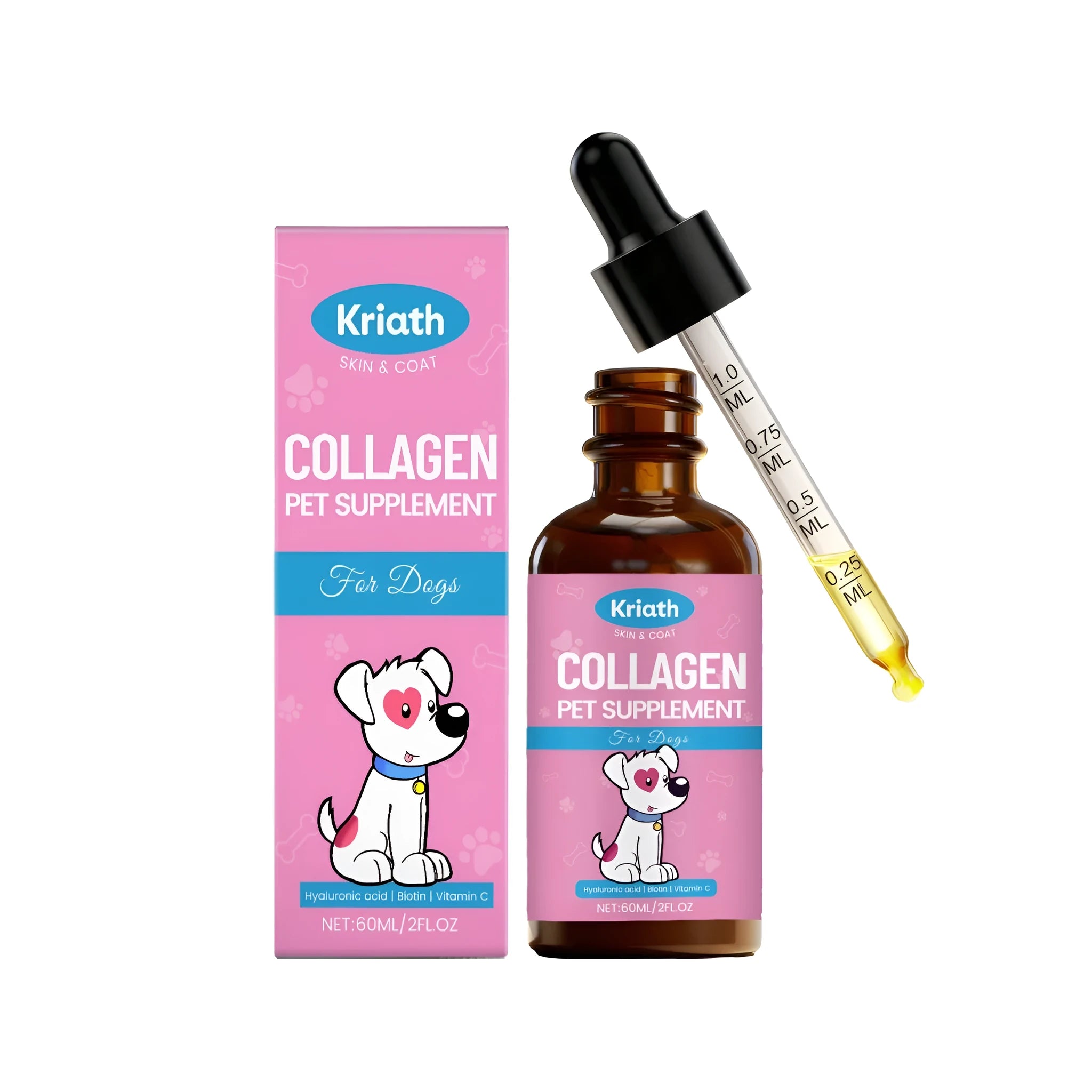 Collagen liquid supplement for dogs 60ml bottle with dropper
