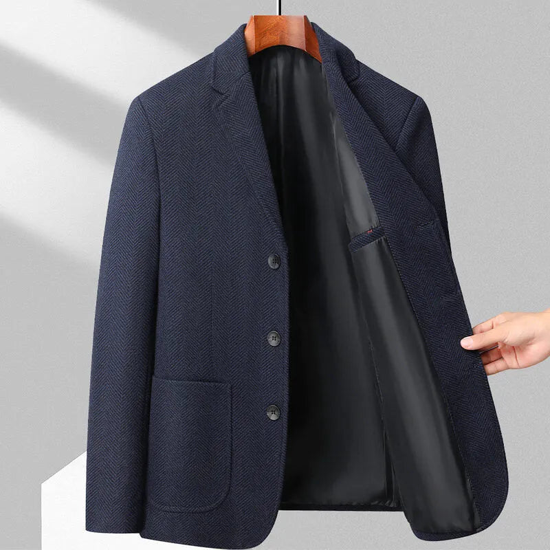 Men's solid colour loose fit woolen coat for casual spring and autumn wear.