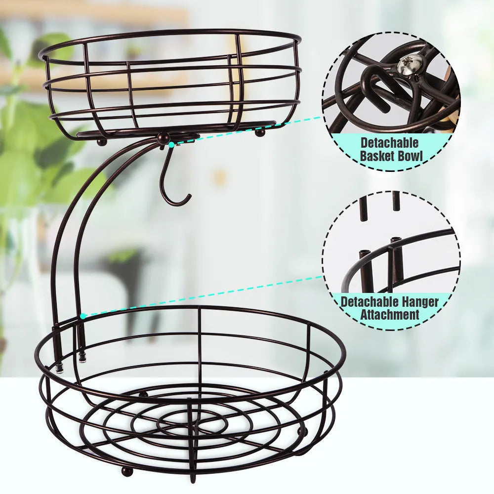 Double-layer wrought iron fruit basket in black or gold colour for kitchen storage