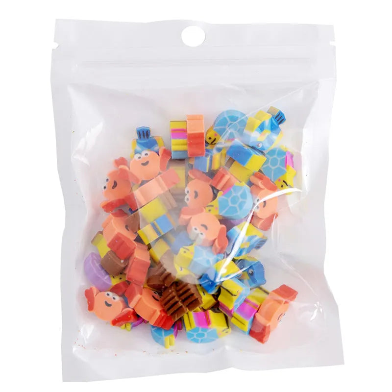 50 small cartoon fruit and animal themed rubber erasers in a pearlescent bag.