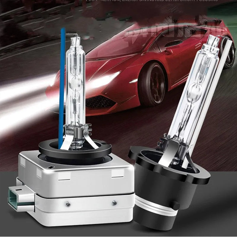 Xenon automotive headlight bulb with aluminium alloy shell for D1S and D1R systems, showing colour temperature options.
