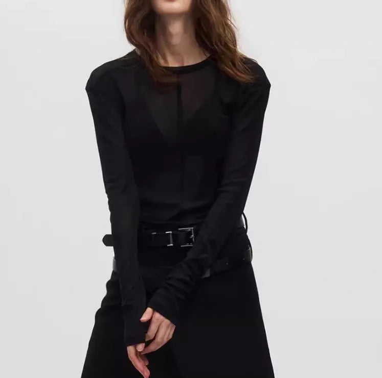 Ultra-thin mesh see-through texture slim-fit pullover in black or grey