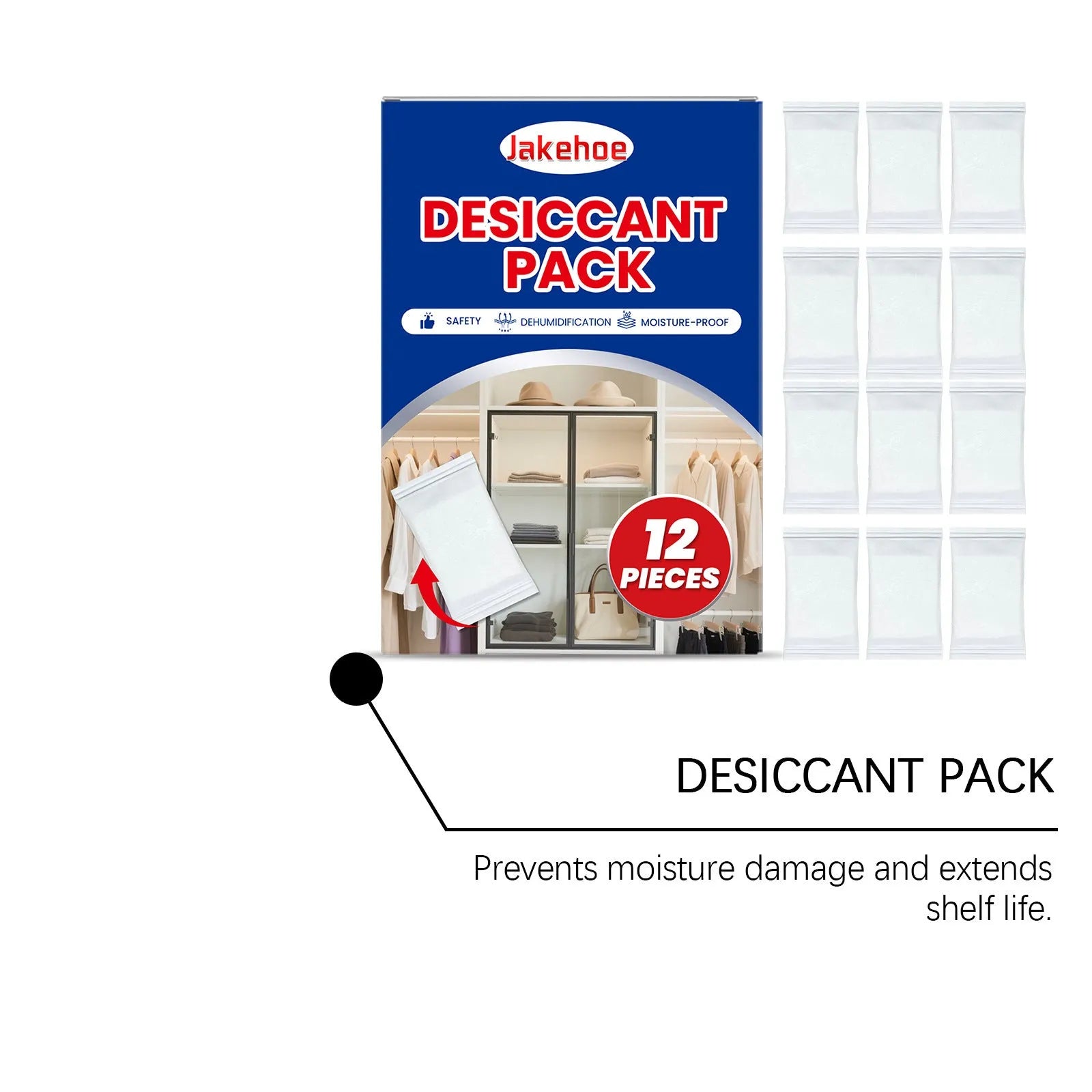 Pack of twelve white calcium chloride desiccant pouches for absorbing moisture in households.