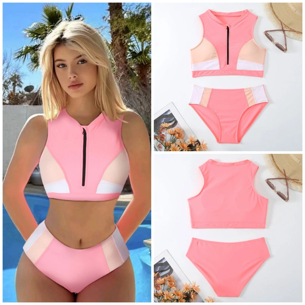 Pink high waist bikini set with split briefs design on a mannequin.