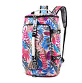 Waterproof nylon gym backpack showing shoe compartment, combination lock and multiple zippered pockets