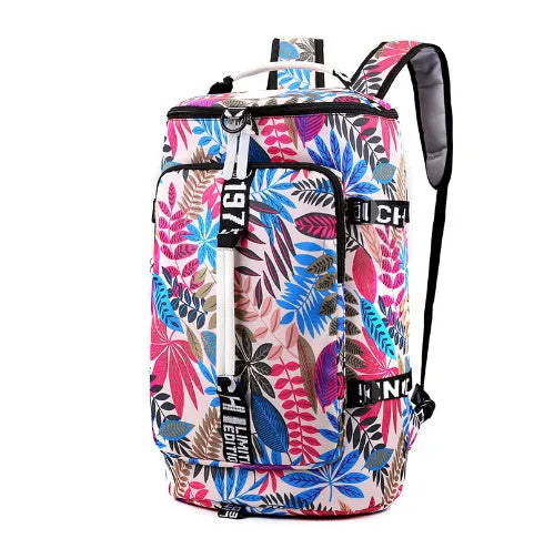 Waterproof nylon gym backpack showing shoe compartment, combination lock and multiple zippered pockets