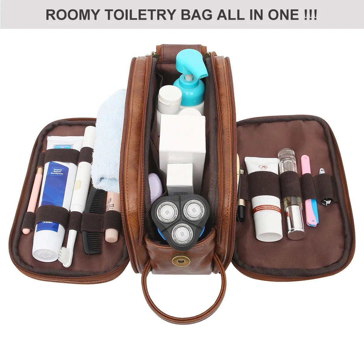 Men's black PU leather toiletry bag with zip closure for travel grooming storage
